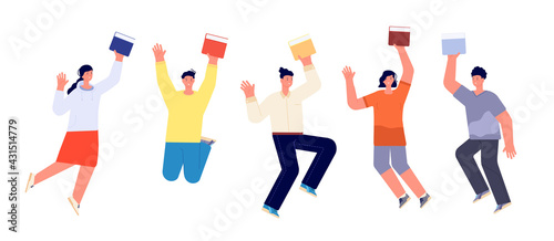 Happy students with books. Jump student, book flat college teenagers. Smiling school boy girl. Isolated readers jumping utter vector concept