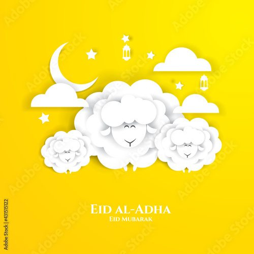 Eid al-Adha vector illustration. Muslim holiday Eid al-Adha. sacrifice ram white and black sheep. graphic design decoration kurban bayrami. month lamb and lamp.Translation from Arabic: Eid al-Adha