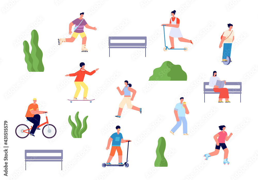 Happy park walking. Joyful parks people group, walk and ride characters. Outdoor activity, cycling and reading on nature utter vector concept