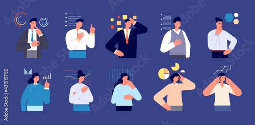 Business characters think. Office woman, professional managers thinking. Time management, busy people doubt. Financial crisis solution utter vector set