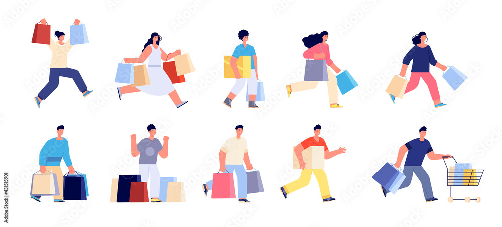 Flat shopping persons. Shop couple, people with cart and purchase. Woman man holding bags box, isolated discount buyers utter vector characters Flat shopping persons. Shop couple, people with cart and purchase. Woman man holding bags box, isolated discount buyers utter vector characters