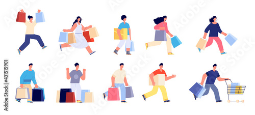 Flat shopping persons. Shop couple, people with cart and purchase. Woman man holding bags box, isolated discount buyers utter vector characters