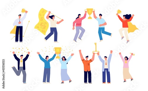 People with trophy. Office reward, success celebration teamwork. Employee winning, flat victory person group, business award utter vector set