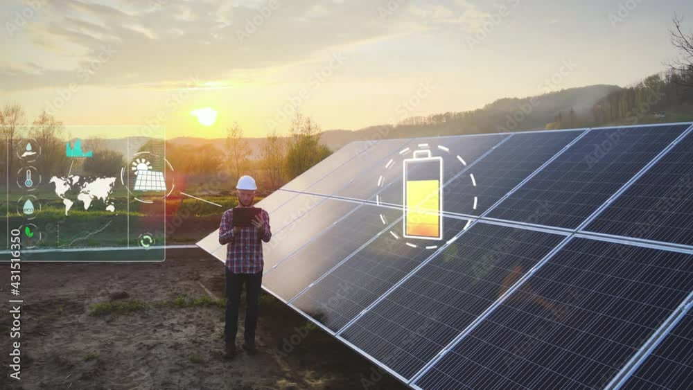 Engineer working on a tablet, inspecting solar cell data levels - 3d animation