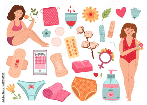 Women period. Isolated female, woman menstrual calendar cycle. Vaginal hygiene, pad tampon flowers. Menstruation plan check exact vector set