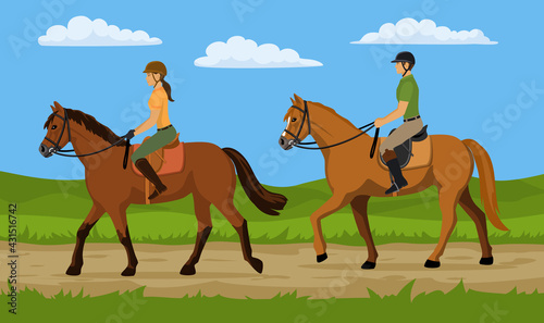 Man and woman riding horse in nature. Countryside landscape background vector illustration