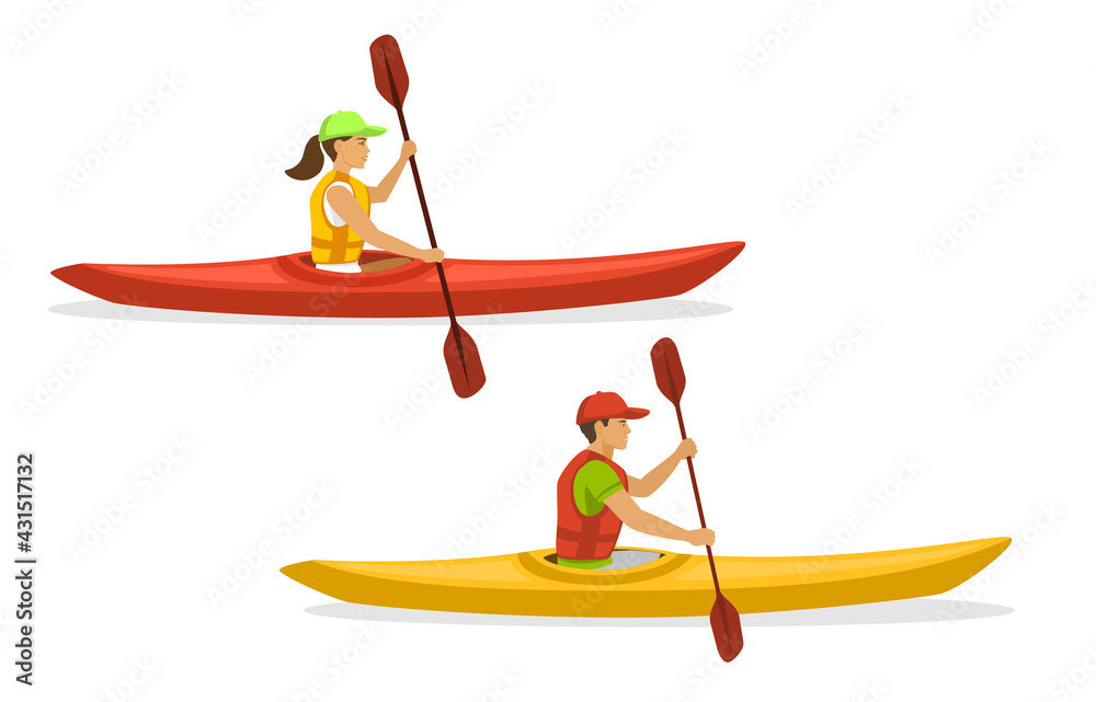 Man and woman kayaking. isolated
