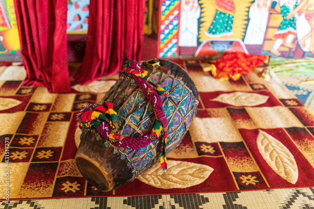 religious drum, musical instrument inside Entos Eyesu UNESCO Monastery situated on small island on lake Tana near Bahir Dar. Ethiopia Africa