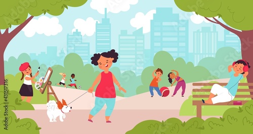 Kids park activities. Kid playground, play football and puppy outdoor. Cartoon children summer vacation, kindergarten on walk decent vector concept