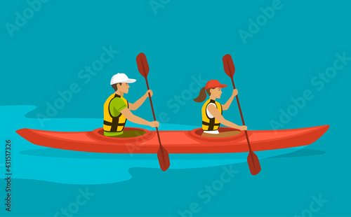 Couple Paddling in double Kayak on water
