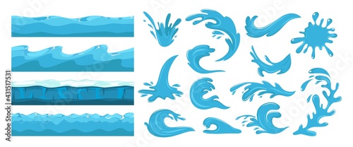 Blue ocean waves. Sea wave, water surface seamless pattern. Cartoon splash, power of waters. Nature, travel or beach journey vector set design elements