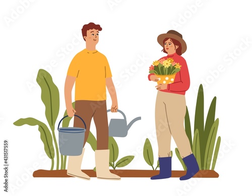 Gardeners. People in garden, planting season. Green plants, woman hold flowers in pot. Man with bucket and watering can. House garden, greenhouse vector concept