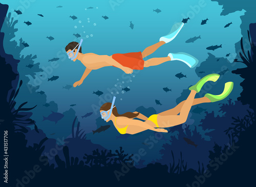 Man and Woman diving snorkeling exploring underwater world with fishes, corals, reefs
