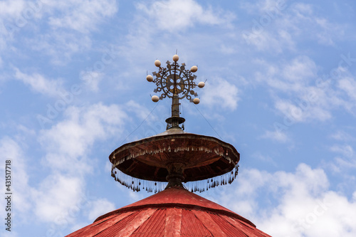 religious symbol on roof of UNESCO Ura Kidane Mehret Church, monastery from 14th century. Zeghe Peninsula in Lake Tana. near bahir Dar, Ethiopia photo