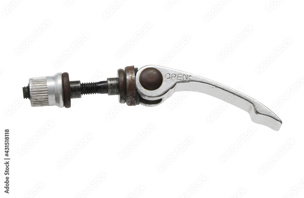 Quick release adjustable screw for bicycle seat post clamp (with clipping path) isolated on white background Quick release adjustable screw for bicycle seat post clamp (with clipping path) isolated on white background
