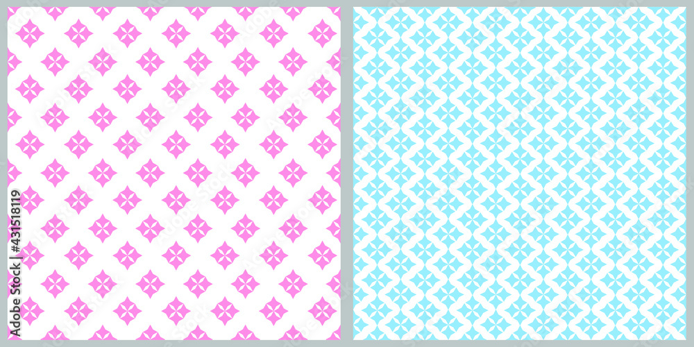 Set of seamless vector patterns. Geometric abstraction in blue and pink colors on a white isolated background. Background, wrapping paper, wallpaper, cover, print, clothing, material