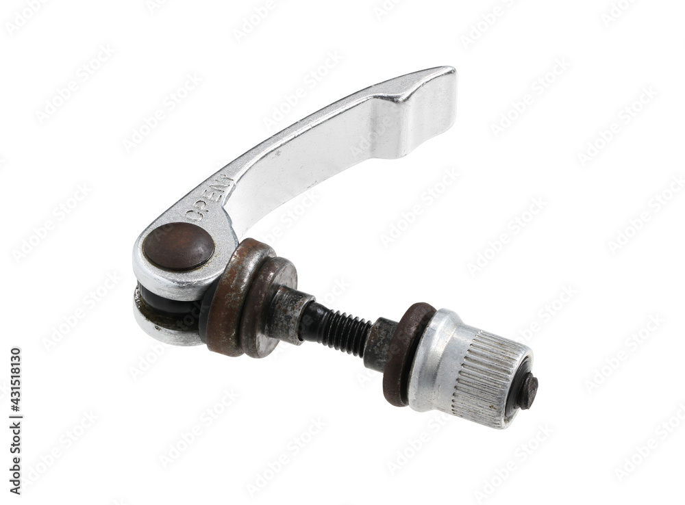 Quick release adjustable screw for bicycle seat post clamp (with clipping path) isolated on white background Quick release adjustable screw for bicycle seat post clamp (with clipping path) isolated on white background