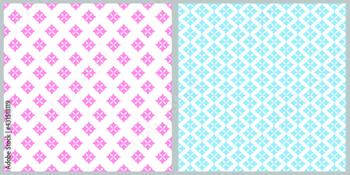 Set of seamless vector patterns. Geometric abstraction in blue and pink colors on a white isolated background. Background, wrapping paper, wallpaper, cover, print, clothing, material