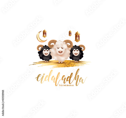 Eid al-Adha vector illustration. Muslim holiday Eid al-Adha. sacrifice ram white and black sheep. graphic design decoration kurban bayrami. month lamb and lamp.Translation from Arabic: Eid al-Adha