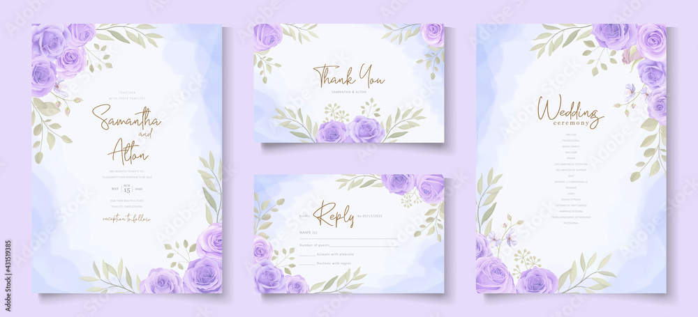 Set of wedding invitation template with beautiful purple blooming roses design Set of wedding invitation template with beautiful purple blooming roses design
