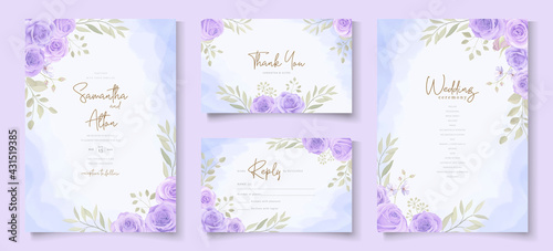 Slika na platnu Set of wedding invitation template with beautiful purple blooming roses design