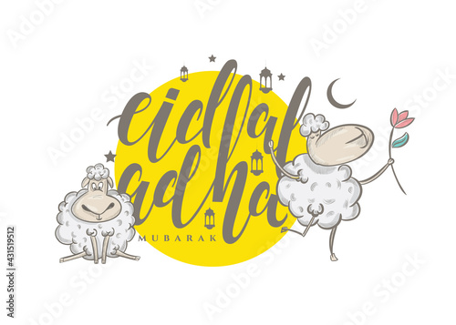 Eid al-Adha vector illustration. Muslim holiday Eid al-Adha. sacrifice ram white and black sheep. graphic design decoration kurban bayrami. month lamb and lamp.Translation from Arabic: Eid al-Adha