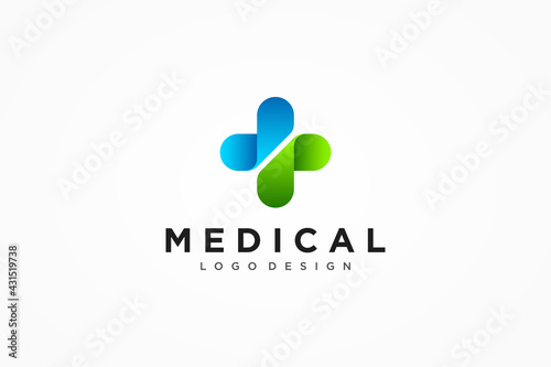 Medical Logo. Modern Healthcare Symbol Pharmacy Icon. Green and Blue Motion Cross Sign Origami Style isolated on White Background. Flat Vector Logo Design Template Element.