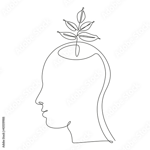 Plant leaves in Human head in one line drawing. Concept of ecology idea, clean mind, self development and successful mindset. Vector illustration