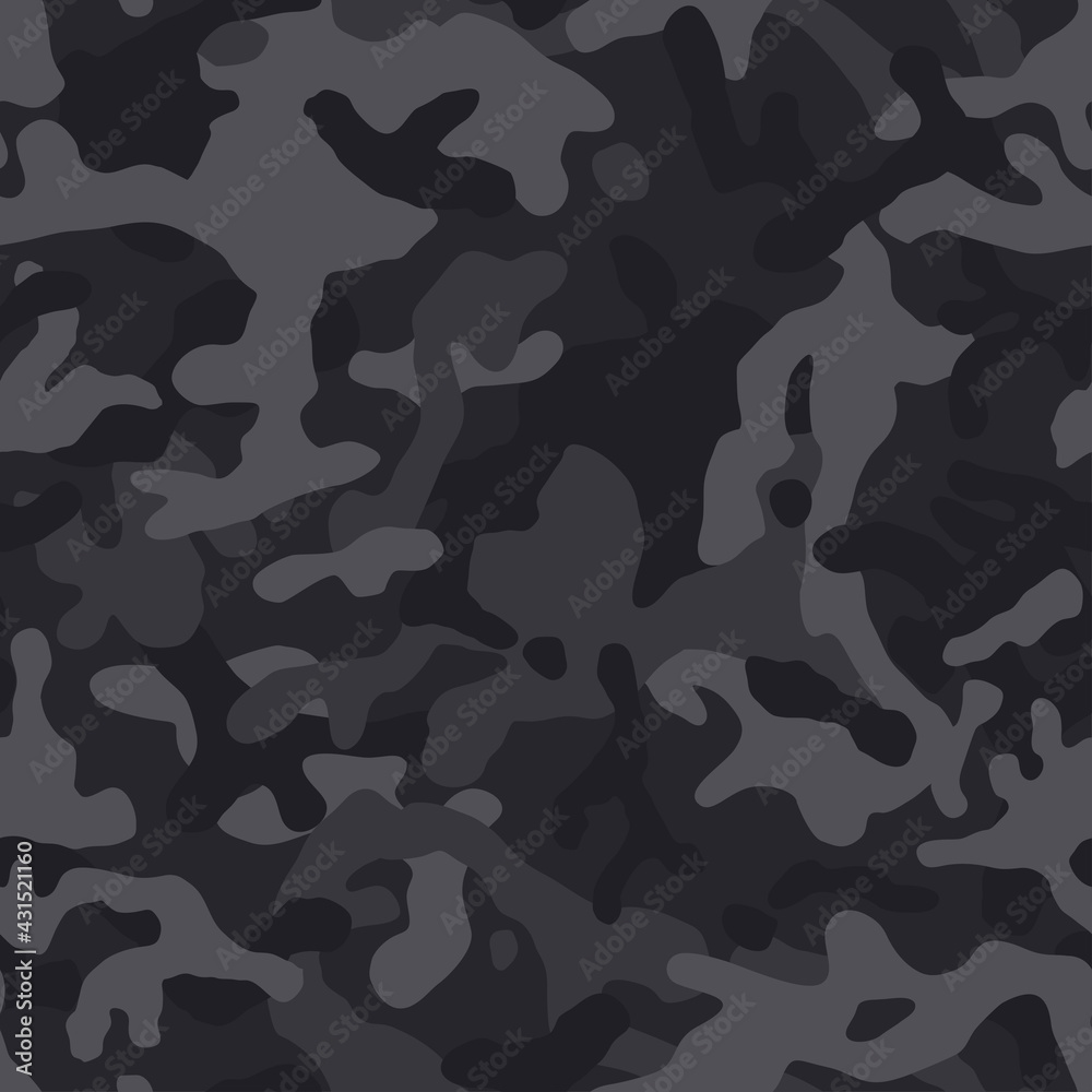 Fototapeta premium Camouflage pattern background. Classic clothing style masking camo repeat print. Black grey white colors winter ice texture. Vector 