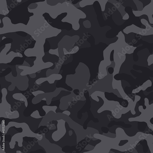 Camouflage pattern background. Classic clothing style masking camo repeat print. Black grey white colors winter ice texture. Vector 