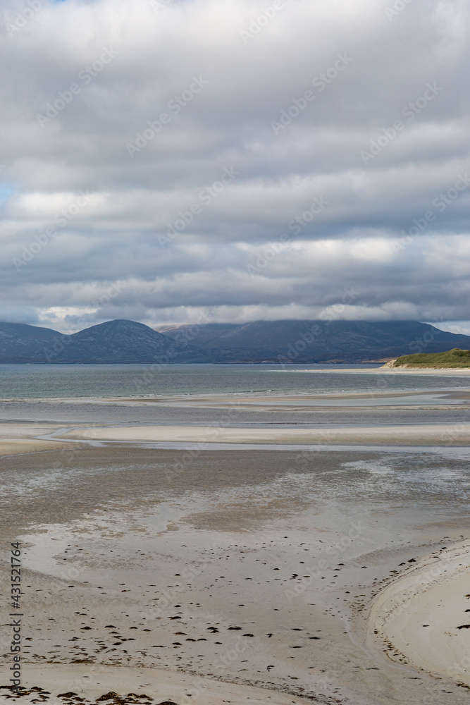 Looking down at the vast sandy Seilebost Beach on the Hebridean Island of Harris