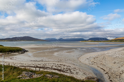 Looking down at the vast sandy Seilebost Beach on the Hebridean Island of Harris