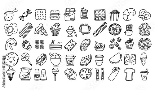 Doodle food set of 50 various fast-food products. Hand-drawn sweets, desserts, snacks, popcorn, American food and English breakfast. A big set of cartoon food illustrations.