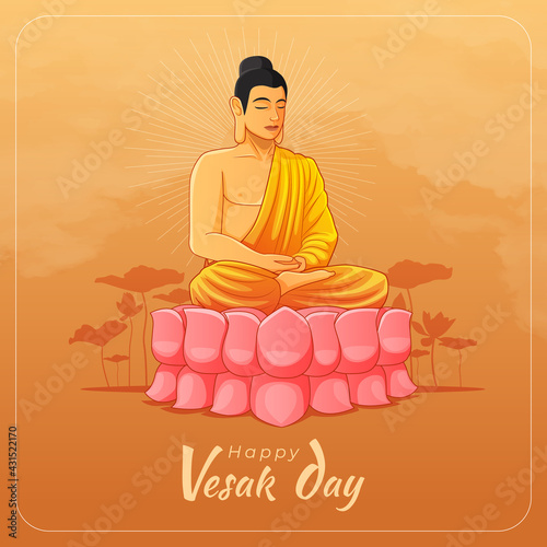 Happy Vesak day greeting card with meditating buddha