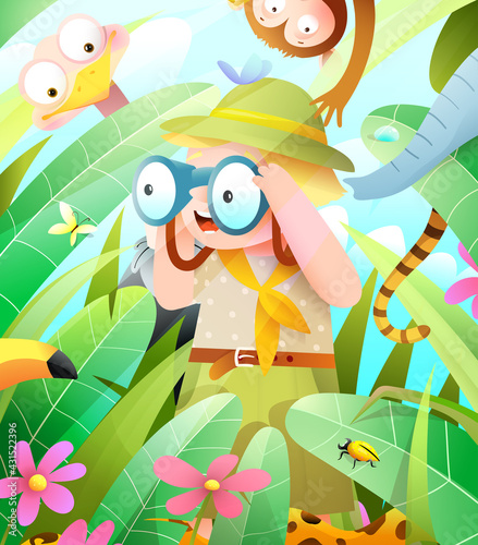 Jungle safari adventure with scout boy or girl looking into binocular seeking for hiding animals in the foliage. Kids hide and seek game with cute African wildlife. Vector in watercolor style.