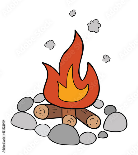 Cartoon vector illustration of campfire, stones, firewood and burning fire.