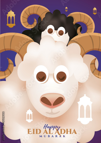Eid al-Adha vector illustration. Muslim holiday Eid al-Adha. sacrifice ram white and black sheep. graphic design decoration kurban bayrami. month lamb and lamp.Translation from Arabic: Eid al-Adha