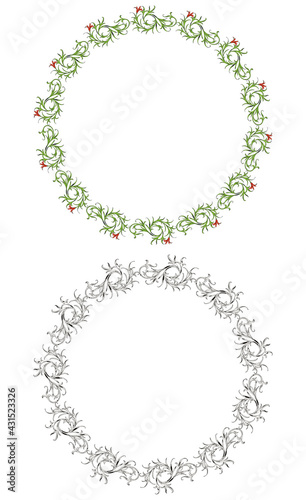 Vector drawing of decorative floral round frames in vintage style