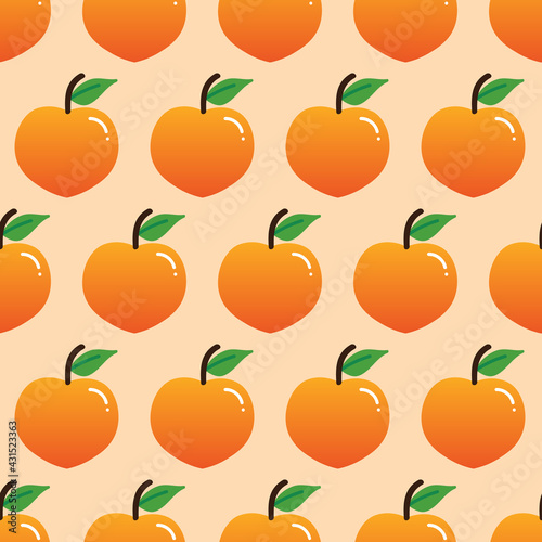 Peach fruits with green leaves cute cartoon style vector seamless pattern background. 