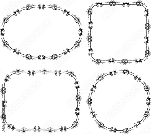 Vector drawings of various vintage frames with chrysanthemum flowers in art nouveau style