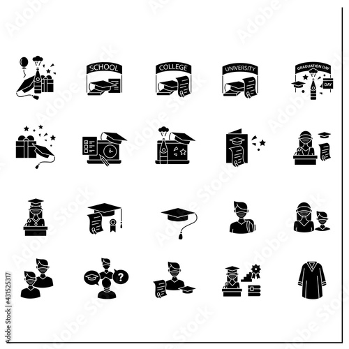 Graduation glyph icons set. Personal growth, professional development. Graduation party, academic career and special uniform. Filled flat signs. Isolated silhouette vector illustrations