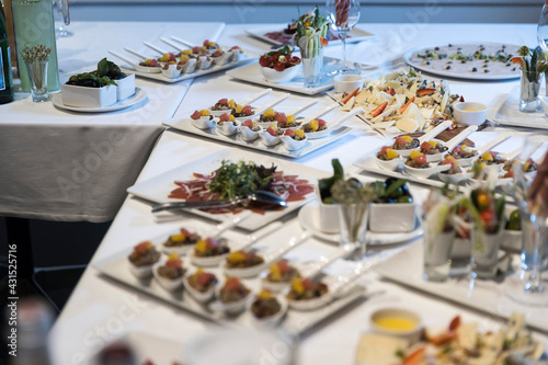 Wedding banquet. A variety of snacks, salads, fish dishes, tartlets on a white tablecloth on table © elenarostunova