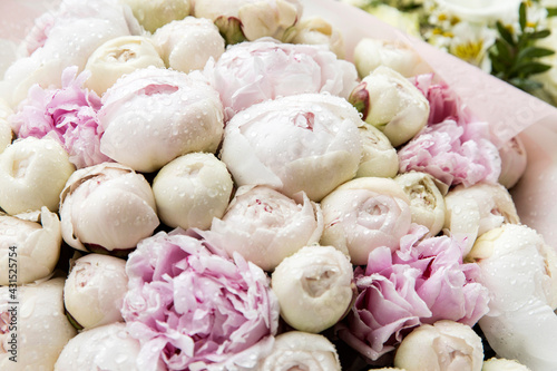 Pink and white peonies with raindrops in a bouquet