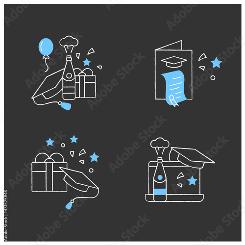 Graduation chalk icons set. Graduation party, gift, online party, card. Studying concept.Isolated vector illustrations on chalkboard