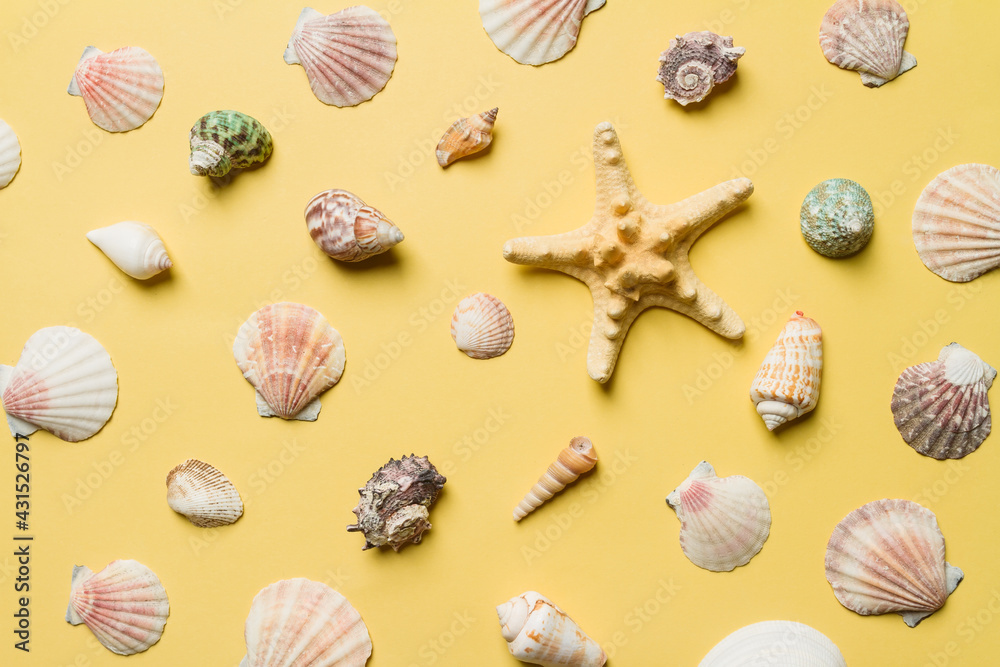 Seashells background, lots of amazing seashells and starfishes mixed. Yellow background. Seashells background, lots of amazing seashells and starfishes mixed. Yellow background.