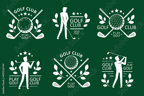 Golf club logo. Golfer sports equipment. flat style. isolated on green background