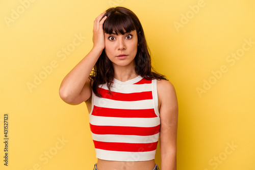 Young caucasian woman isolated on yellow background being shocked, she has remembered important meeting.