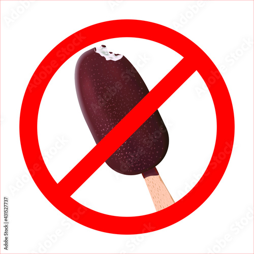 No ice cream symbol, vector illustration. Prohibiting ice cream sign drawing on a white background. Realistic 3D raster Illustration.
