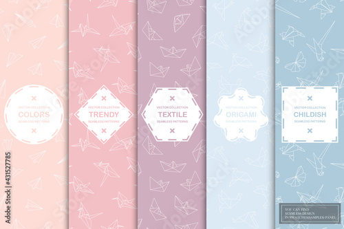 Set of seamless origami creative patterns - delicate design. Vector colorful textile prints. You can find repeatable backgrounds in swatches panel
