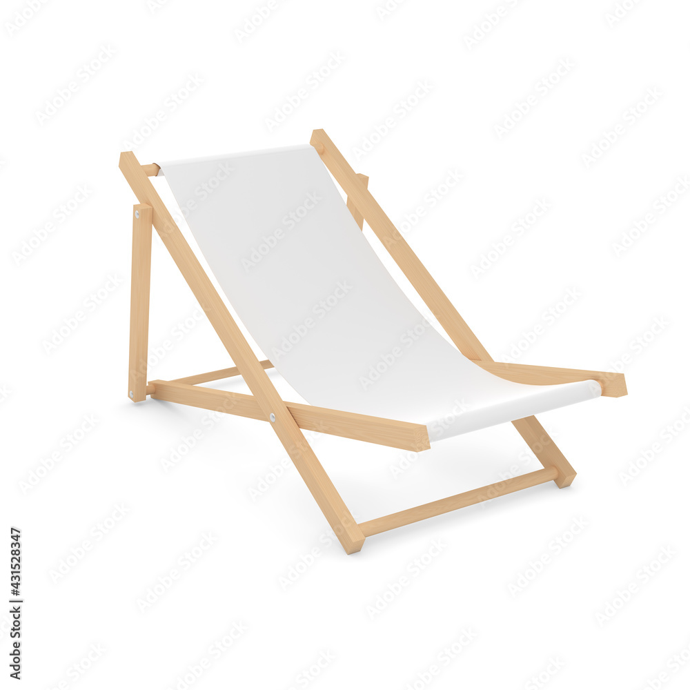 Chaise lounge. Wooden beach lounger with white fabric. Isolated on white. 3d rendering